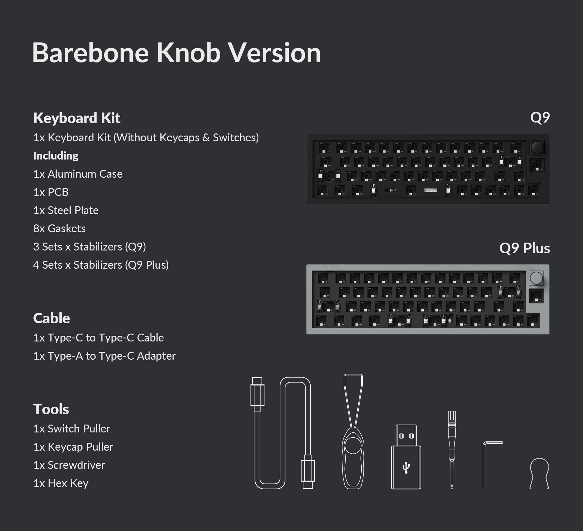 Package List of the Keychron Q9 / Q9 Plus 40% Layout Mini Custom Mechanical Keyboard Barebone Knob Version Package List of the Keychron Q9 / Q9 Plus 40% Layout Mini Custom Mechanical Keyboard Barebone Knob Version